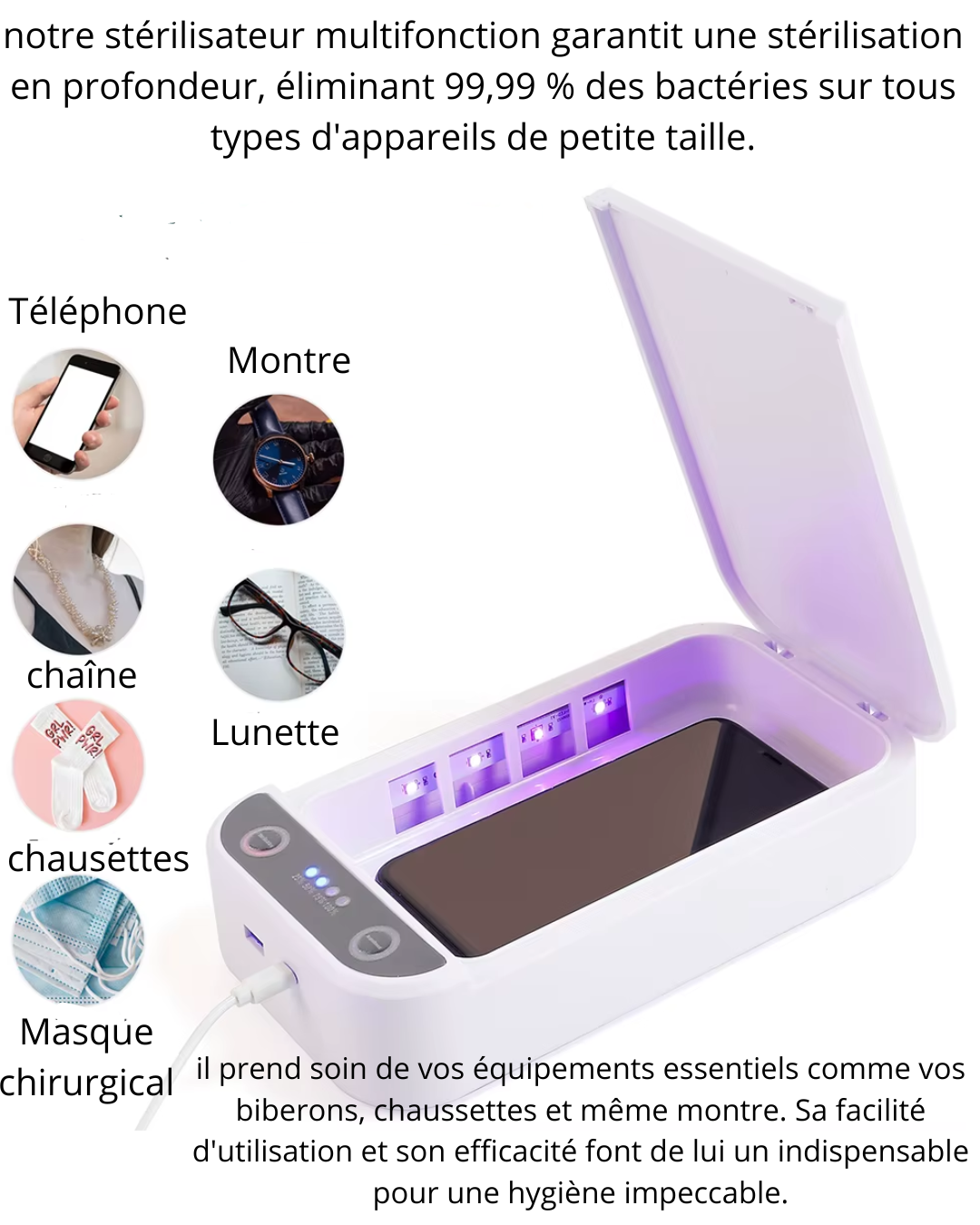 Stérilisateur UV Électrique Multifonctionnel™ Ultra-Efficace et Élimine 99,99% des Virus et Bactéries et Désinfecte en Profondeur!